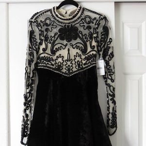 NWT Free People Black Velvet Beaded Long Sleeve Fit & Flare Cocktail Dress Sz 4